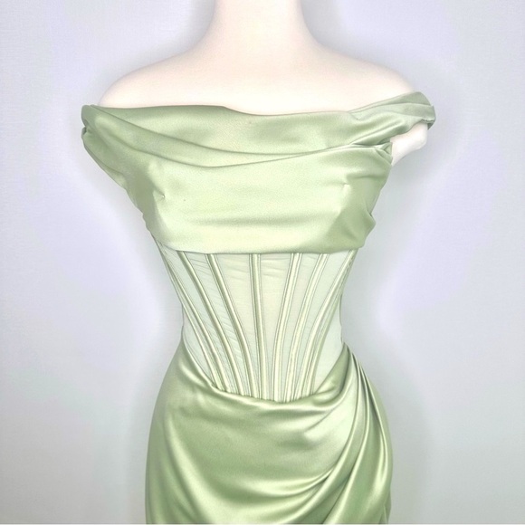 House of CB 'Lulu' Corset Sheer Panel Satin Draped Dress Pistachio XS  US 2-4 - Picture 6 of 16